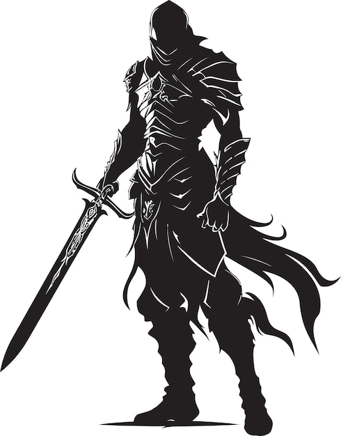 Heráldico Caballero de Honor Soldado Levantó la Espada Emblema en Vector Negro Gráfico Defensor Real Vectro Negro