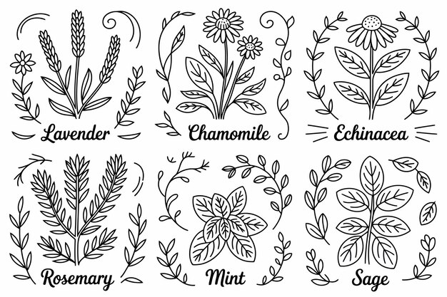 Herbal Remedies Hand-Drawn Line Art of Lavender Chamomile and More