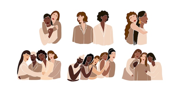 Vector hermandad de mujeres abstractas en un estilo minimalista sobre un fondo blanco un conjunto de retratos de diferentes mujeres combinados una colección de diversidad y amistad ilustración vectorial moderna