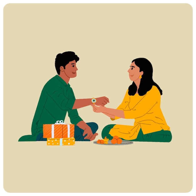 Hermano y hermana celebrando Raksha Bandhan Ilustración vectorial del festival indio
