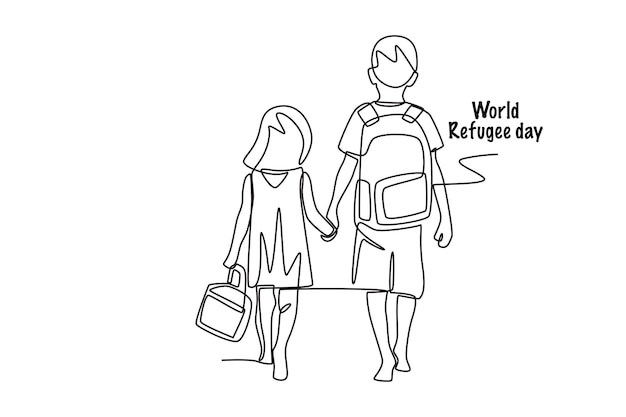 Hermanos y hermanas refugiados concepto del Día Mundial del Refugiado dibujo en línea