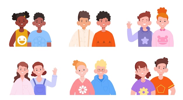 Hermanos pareja niños Hermanos retrato familia niño cara o parejas amigos multiculturales divertido estudiante niño y niña hermano cuidado hermana jardín de infantes niños vector ilustración