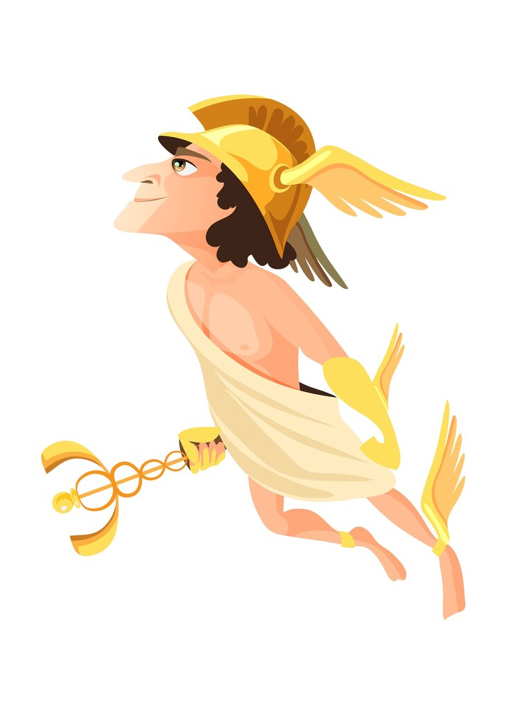 Vector hermes o mercurio: deidad del comercio, el comercio y los comerciantes del panteón griego y romano, mensajero de los dioses olímpicos. personaje mítico masculino con casco alado. ilustración de dibujos animados plana.