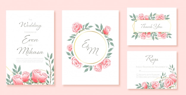 Hermosa acuarela conjunto de plantillas de tarjetas de boda. decorado con rosas.