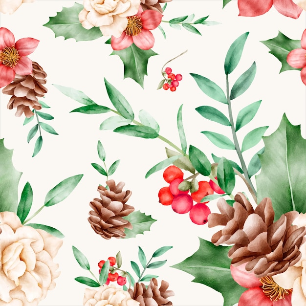 hermosa acuarela floral de patrones sin fisuras con flor y ornamen Navidad