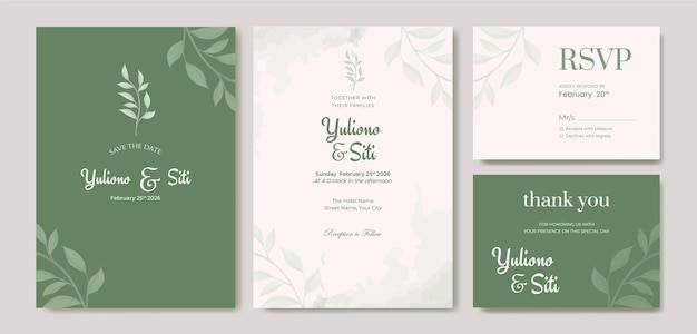 hermosa acuarela hojas verdes plantilla de invitación de boda de doble cara vector premium