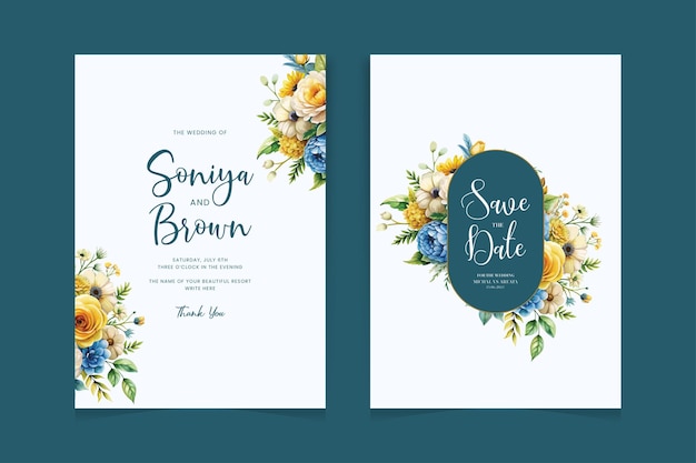 hermosa acuarela premium floral y hojas tarjeta de invitación de boda