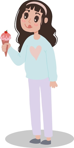 Hermosa adolescente con cabello largo y negro disfruta comiendo su cono de helado de fresa con cobertura de cereza y deliciosa ilustración de expresión