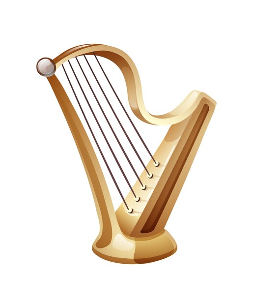 Hermosa arpa dorada con cinco cuerdas un instrumento de cuerda musical clásico, así como un símbolo de celebraciones de eventos tradicionales ilustración vectorial aislada