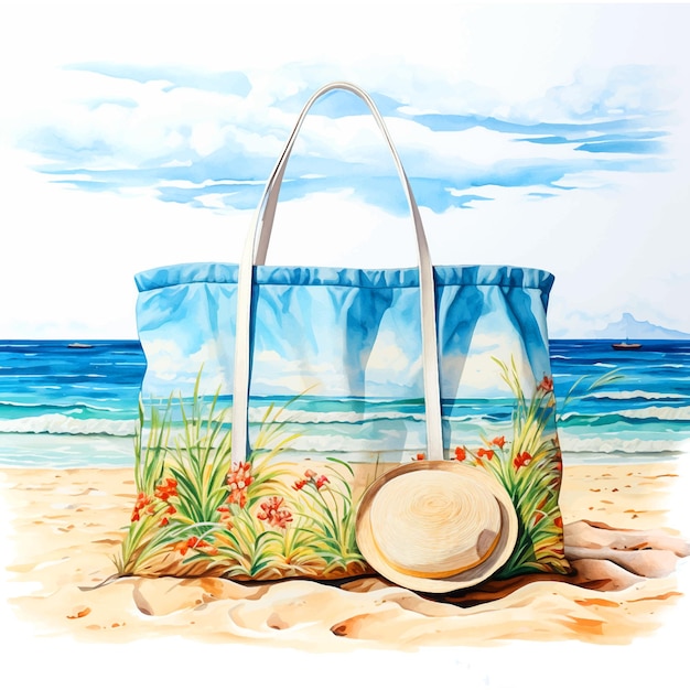 Vector hermosa bolsa de playa con pintura de acuarela.