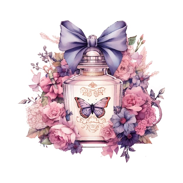 una hermosa botella de perfume con flores y un arco en un fondo blanco ilustración de toda la página