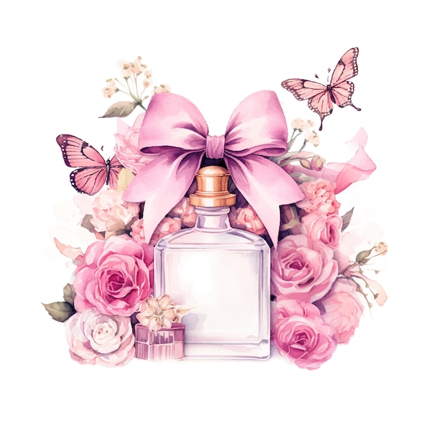 una hermosa botella de perfume con flores y un arco en un fondo blanco ilustración de toda la página