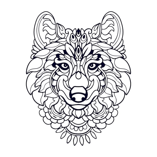 Hermosa cabeza de lobo artes mandala aislado sobre fondo blanco.