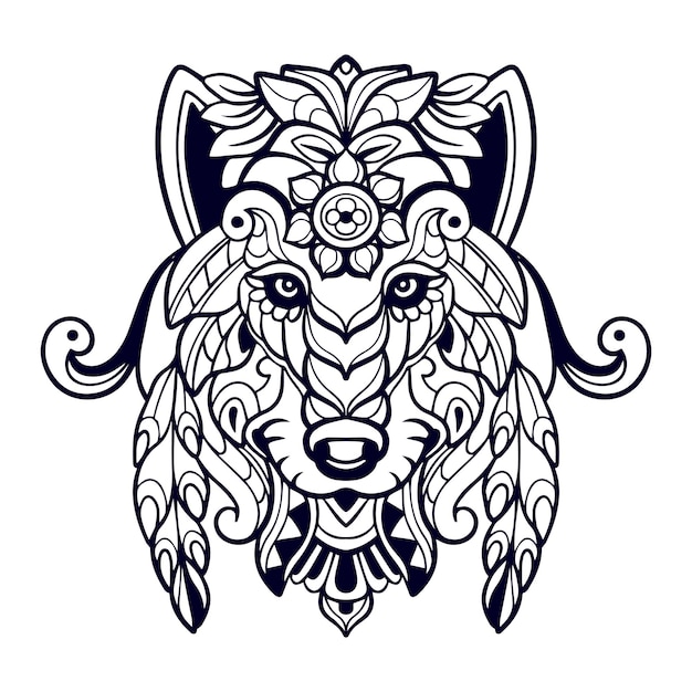Hermosa cabeza de lobo artes mandala aislado sobre fondo blanco.