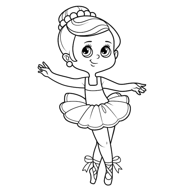 Hermosa caricatura pequeña bailarina bailando en tutú delineada para colorear aislada en un fondo blanco