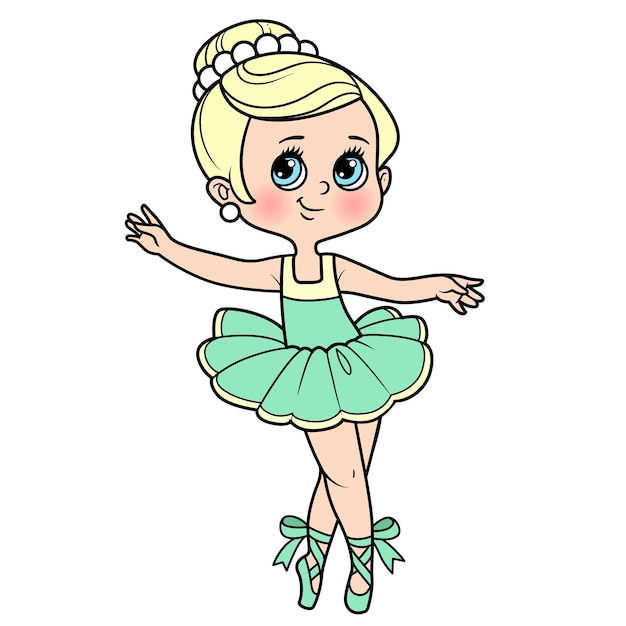Hermosa caricatura pequeña bailarina bailando en variación de color tutú para colorear página aislada en un fondo blanco