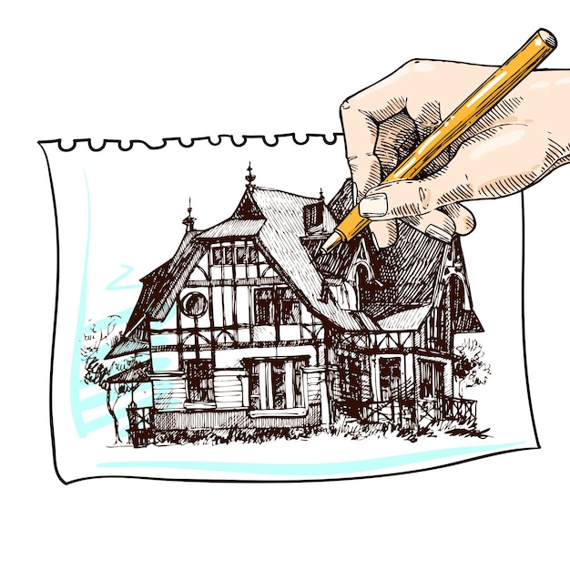 Hermosa casa de campo de ilustración vectorial dibujada a mano Casa de estilo de boceto Casa de boceto para su diseño