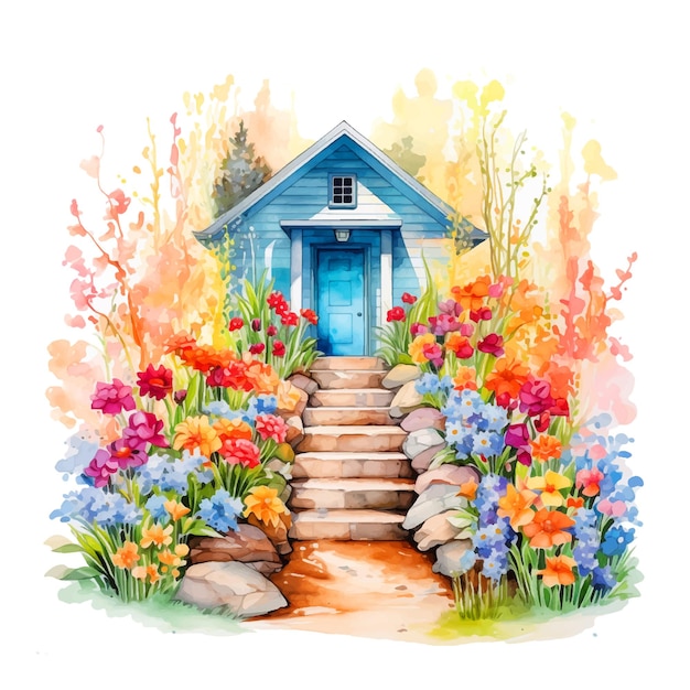 Hermosa casa entre flores pintura acuarela