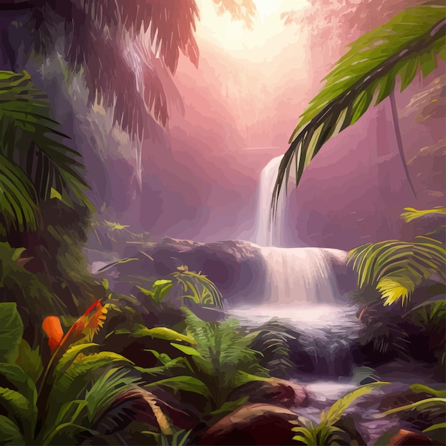 Vector hermosa cascada en una selva profunda como la jungla celestial con un vector de paisaje de cascada de vida silvestre