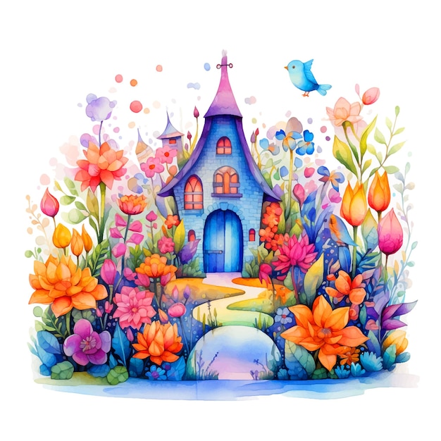 Hermosa casita entre flores pintura acuarela