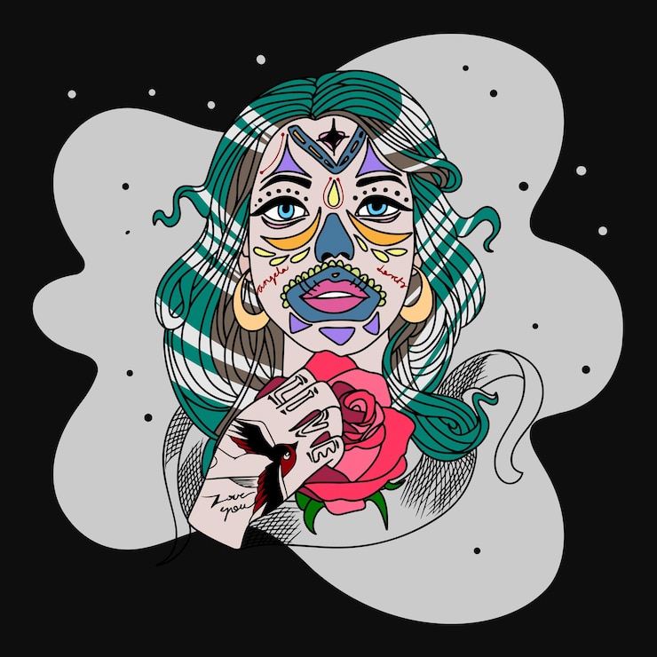 Vector una hermosa chica al estilo chicano con un tatuaje sostiene una rosa una inscripción en su mano joyería en su cara un fondo oscuro