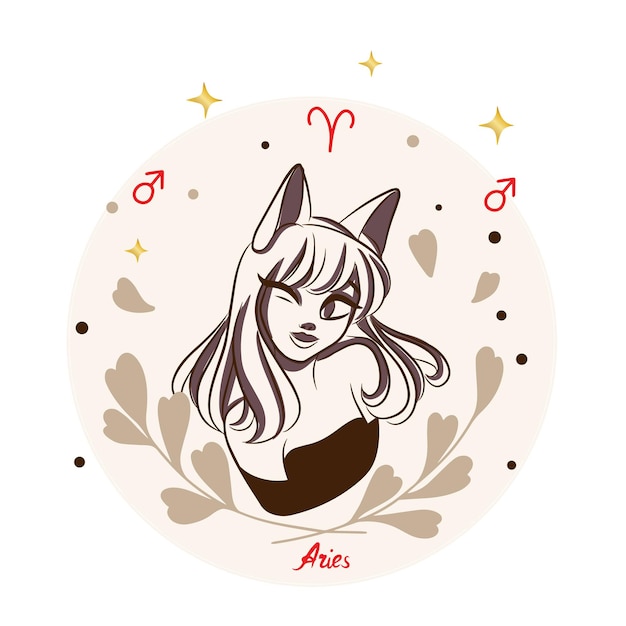 Hermosa chica aries estilo de dibujos animados signo del zodiaco decoración moda