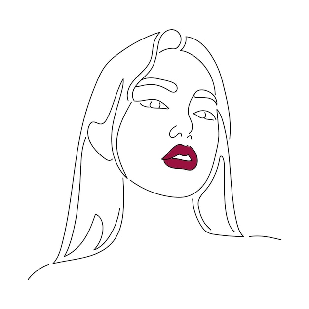 Una hermosa chica asiática con los labios rojos de línea de arte