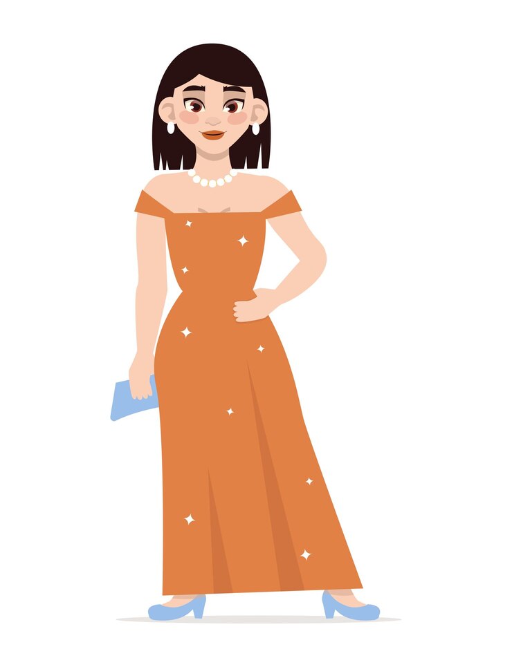 Vector hermosa chica asiática con un vestido brillante con un bolso en el baile de graduación