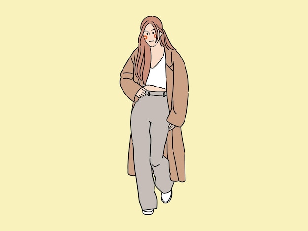 hermosa chica atractiva personaje de dibujos animados de hombre en ropa de moda en toda su longitud