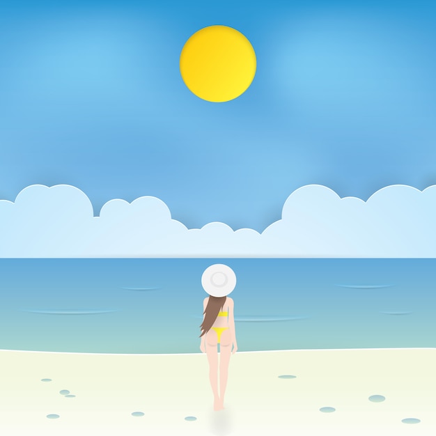 Hermosa chica en bikini caminando por la playa, vector de artesanía