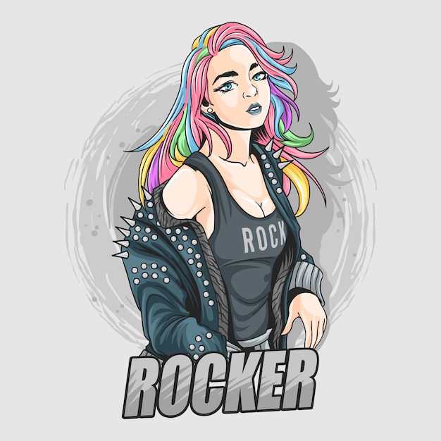 Hermosa chica con cabello colorido como unicornio o cabello arcoíris viste rock n roll con chaqueta de cuero con pinchos.