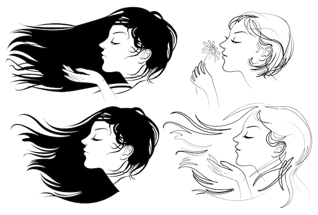 Hermosa chica con cabello largo. Cabello agitando el viento. Ilustración vectorial