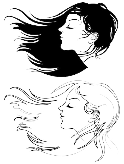 Hermosa chica con cabello largo. Cabello agitando el viento. Ilustración vectorial