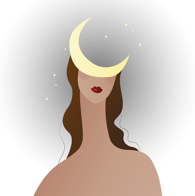 hermosa chica de cabello oscuro con la luna en la cabeza