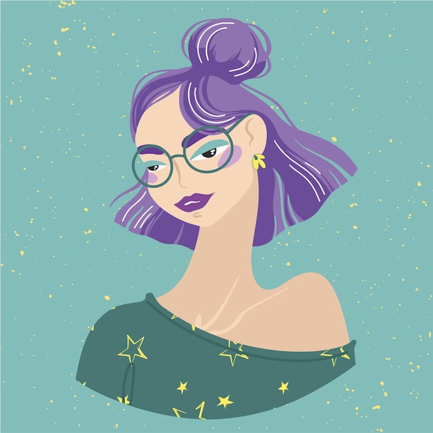 Vector hermosa chica con cabello teñido y gafas redondas avatar para ilustración de moda de redes sociales