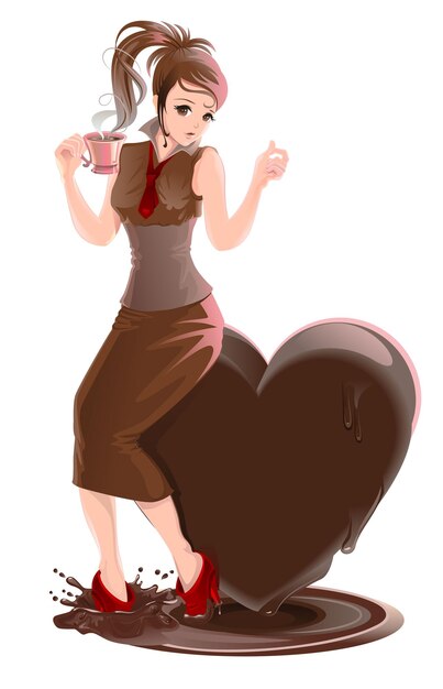 Hermosa chica y chocolate caliente. El corazón de chocolate se derrite. Ilustración aislada en formato vectorial