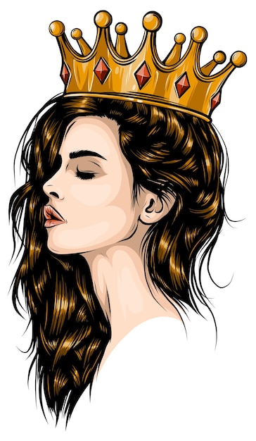 Hermosa chica con corona Chica con cabello largo Ilustración vectorial