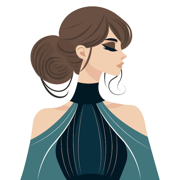 hermosa chica con cuello largo y cabello recogido en un vestido azul aislado en el vector de fondo blanco