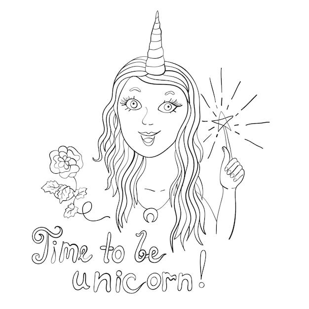 Hermosa chica con un cuerno de unicornio y una varita mágica Fairy Enchantress Print Vector illustration