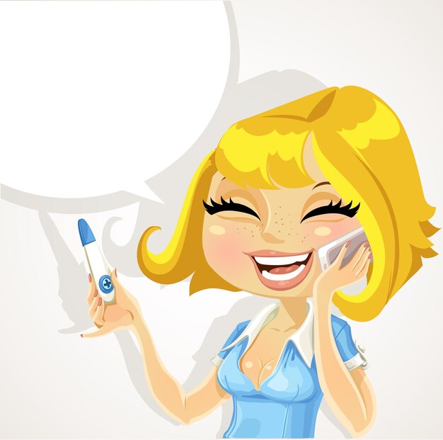 La hermosa chica dice por teléfono sobre un resultado positivo de la prueba de embarazo
