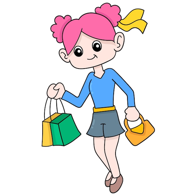 Hermosa chica está felizmente caminando después de comprar compras, arte de ilustración vectorial. imagen de icono de doodle kawaii.