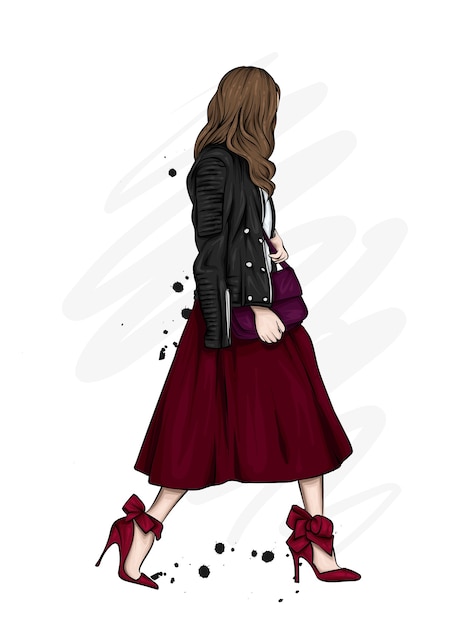 Hermosa chica en una falda larga, chaqueta de cuero y zapatos de tacón. Moda y estilo, indumentaria y complementos.