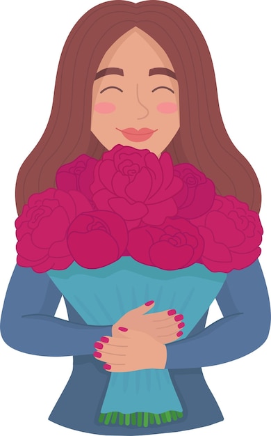 Vector una hermosa chica con flores marrones en sus manos una chica con un ramo de peonías en sus manos