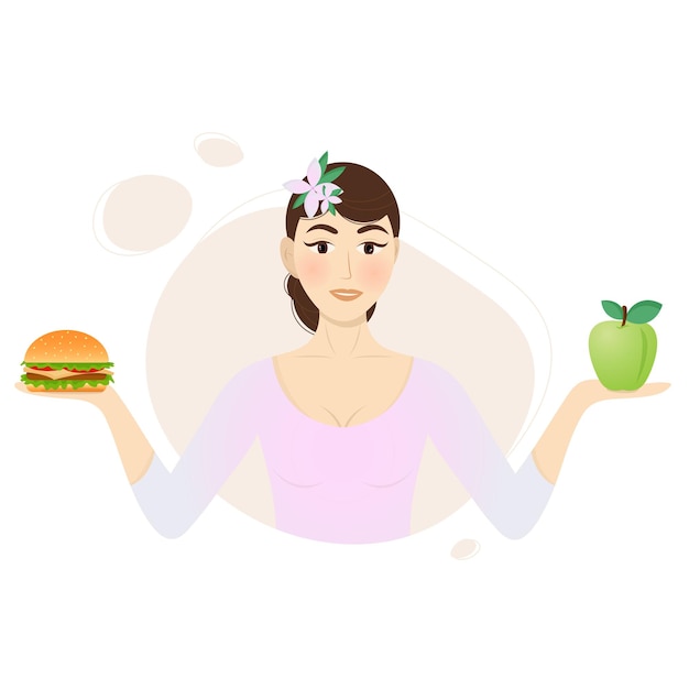 Hermosa chica con una hamburguesa y una manzana, antes de elegir. Ilustración de vector de sitios web, blogs, carteles, libros.