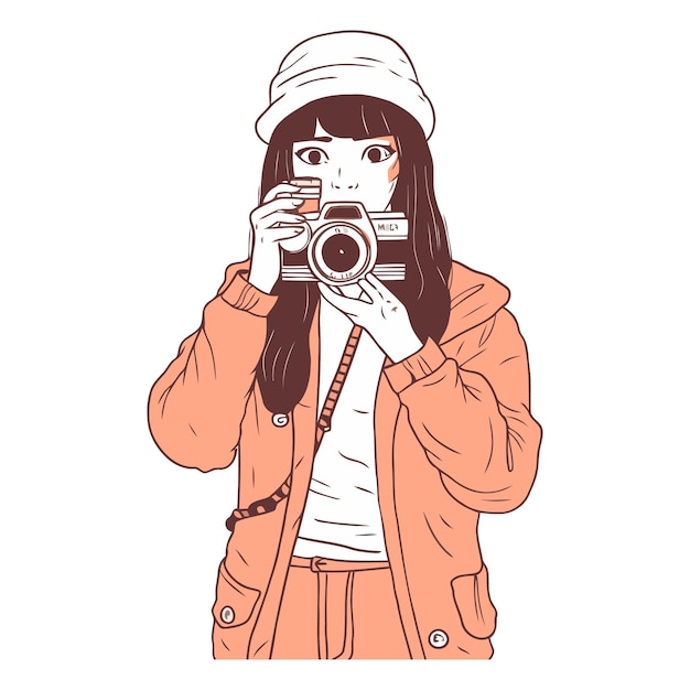 Vector una hermosa chica hipster tomando fotos con una cámara retro