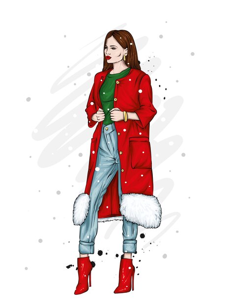 Hermosa chica. Ilustración vectorial, Navidad.