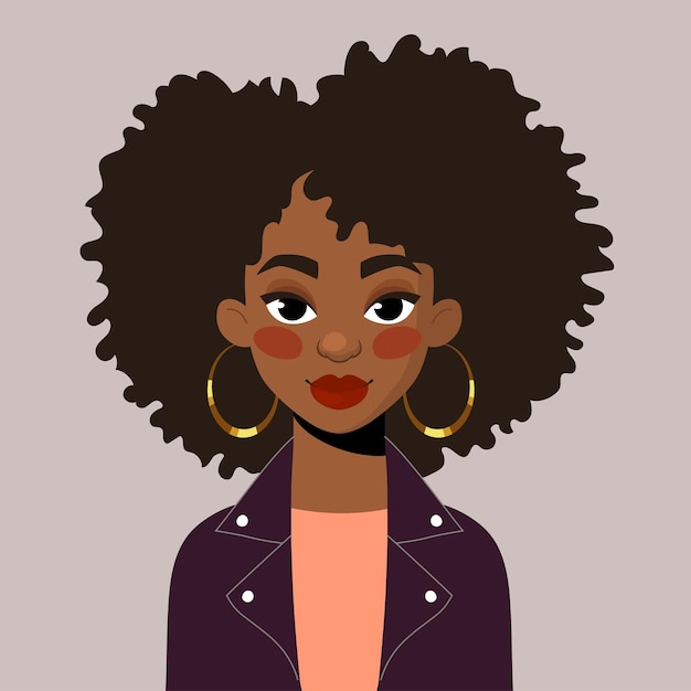 Hermosa chica negra en una chaqueta de cuero de diseño plano vectorial