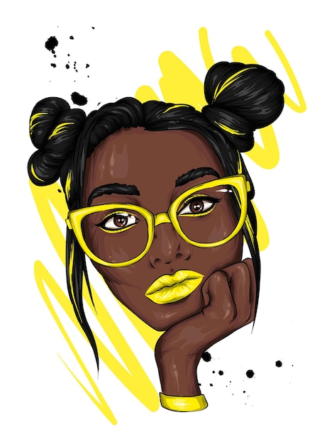 Vector hermosa chica negra con gafas con bollos en la cabeza. moda y estilo, ropa y complementos