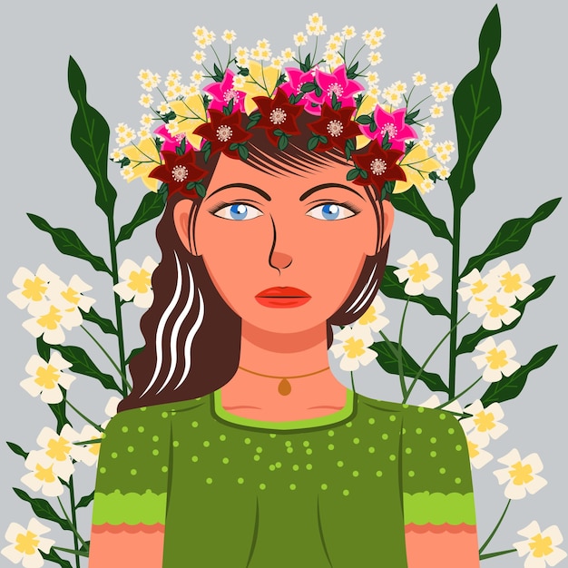 Hermosa chica de ojos azules con corona de flores ilustración vectorial