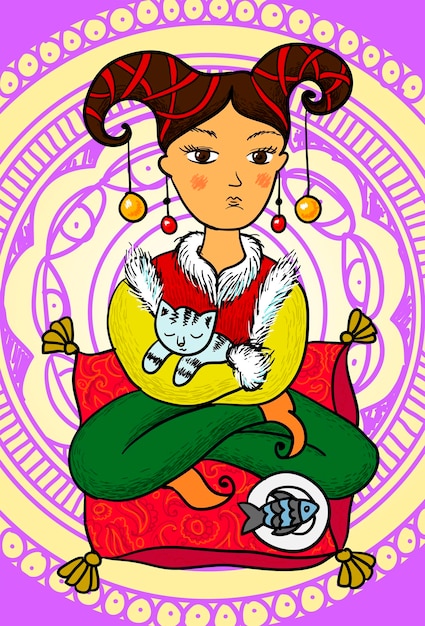 Vector hermosa chica oriental dibujada a mano con gato